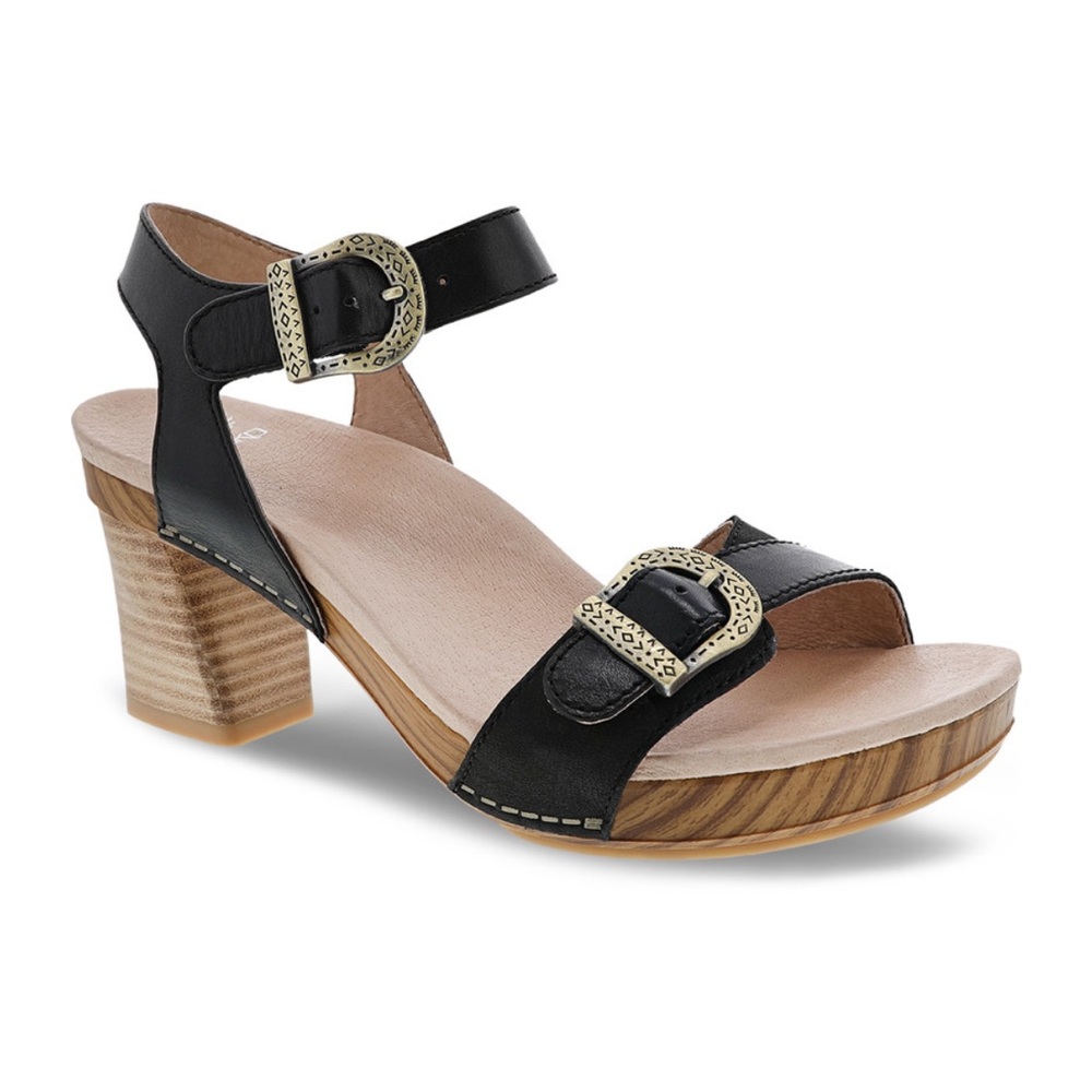 Dansko Anna Black Leather Buckle Ankle Strap Open-Toe Sandal Heel Shoe 11 41